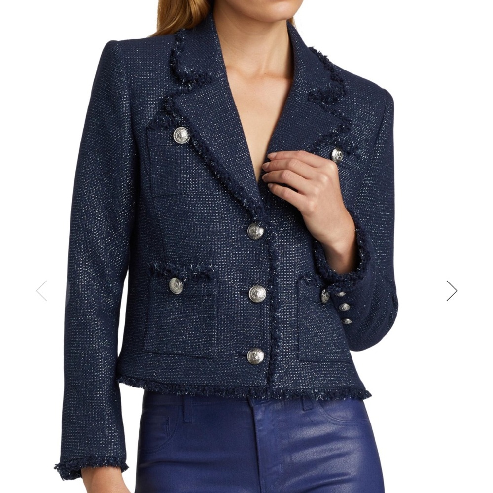 L'AGENCE  Angelina Navy Tweed Double-Breasted Blazer with Silver Buttons